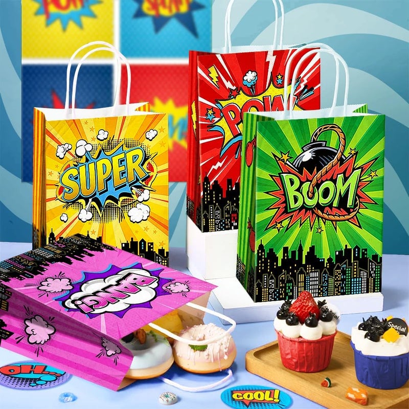 JOYGATHER 24 Pcs Hero Party Favor Bags with Handles - Hero Goodie Bags, Gift Bags. Comic Hero Theme Candy Bags for Kids, Kraft Paper Bags for Birthday Party Supplies and Baby Shower Decorations. - Image 4
